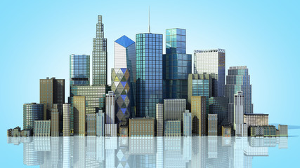 Day city with reflection 3d rendering image on blue gradient