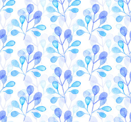 Seamless watercolor pattern background with tree leaves twigs
