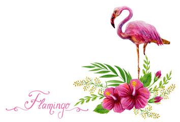 Hand drawn watercolor painting  with pink flamingo and Chinese Hibiscus rose flowers isolated on white background.