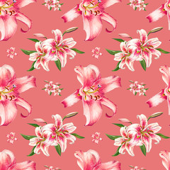Seamless pink lily pattern. Bouquet of flowers. Floral print. Marker drawing. Watercolor painting. Wedding birthday festive wallpaper. Endless texture. Painted background. Hand drawn illustration.