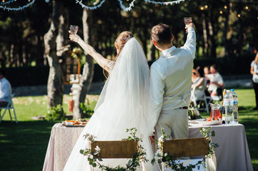 . Bride and groom toasting champagne glasses. Close up.