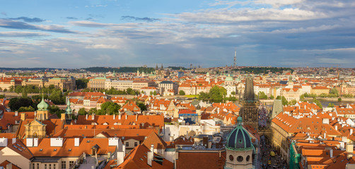 Fototapeta na wymiar Beautiful view of old Prague, Charles Bridge and the city skyline. Panorama of ten vertical frames.