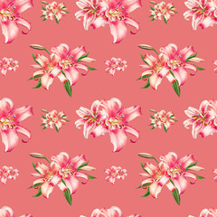 Fototapeta premium Seamless pink lily pattern. Bouquet of flowers. Floral print. Marker drawing. Watercolor painting. Wedding birthday festive wallpaper. Endless texture. Painted background. Hand drawn illustration.