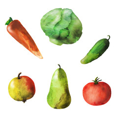 Watercolor vegetables and fruits. Isolated drawn set. 