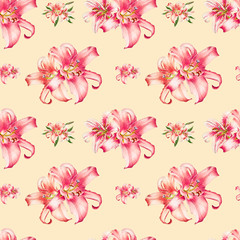 Seamless pink lily pattern. Bouquet of flowers. Floral print. Marker drawing. Watercolor painting. Wedding birthday festive wallpaper. Endless texture. Painted background. Hand drawn illustration.