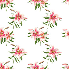 Seamless pink lily pattern. Bouquet of flowers. Floral print. Marker drawing. Watercolor painting. Wedding birthday festive wallpaper. Endless texture. Painted background. Hand drawn illustration.