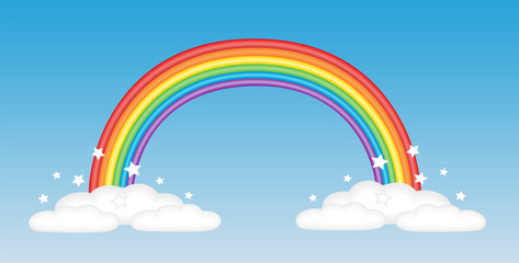 Rainbow in blue sky sith white fluffy clouds and magical stars