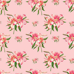 Seamless pink lily pattern. Bouquet of flowers. Floral print. Marker drawing. Watercolor painting. Wedding birthday festive wallpaper. Endless texture. Painted background. Hand drawn illustration.