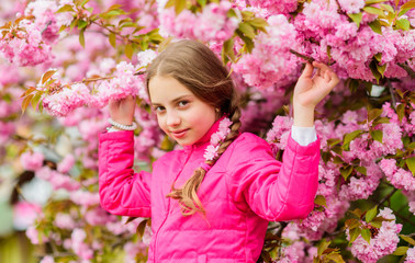 Little girl enjoy spring. Kid on pink flowers of sakura tree background. Kid enjoying pink cherry blossom. Tender bloom. Pink is the most girlish color. Bright and vibrant. Pink is my favorite