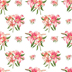 Seamless pink lily pattern. Bouquet of flowers. Floral print. Marker drawing. Watercolor painting. Wedding birthday festive wallpaper. Endless texture. Painted background. Hand drawn illustration.