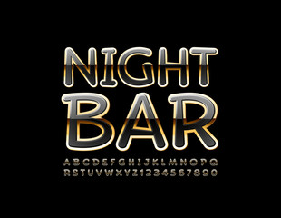 Vector bright emblem Night Bar. Black and Gold stylish Font. Chic Alphabet Letters, Numbers and Symbols.