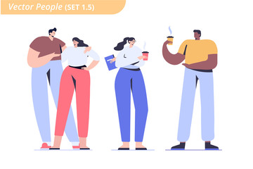 Young people, couples standing. Drinking coffee. People Vector set. Flat vector characters isolated on white background.