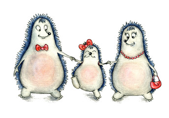 Hand drawn watercolor illustration of happy hedgehog family - father, mother and daughter - walking holding hands © natakata85