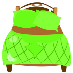 Illustration of bed on white background. Bed with blanket and pillow. Vector illustration isolated from background