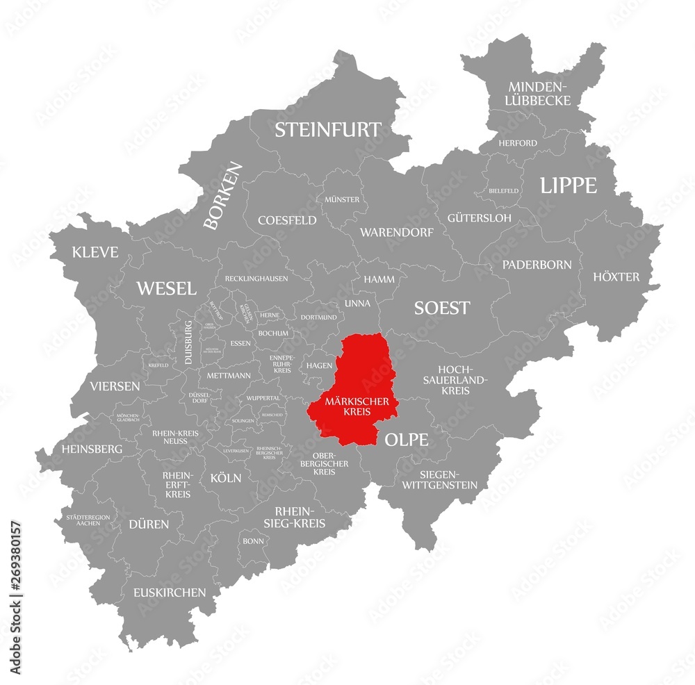 Wall mural maerkischer kreis county red highlighted in map of north rhine westphalia de