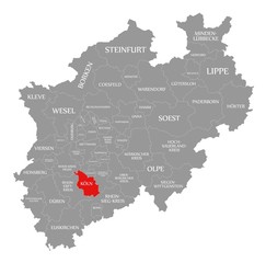 Fototapeta na wymiar Cologne red highlighted in map of North Rhine Westphalia DE