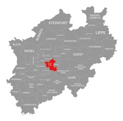 Fototapeta na wymiar Ennepe Ruhr Kreis red highlighted in map of North Rhine Westphalia DE