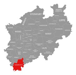 Euskirchen red highlighted in map of North Rhine Westphalia DE