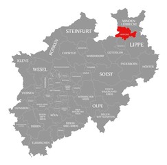 Fototapeta na wymiar Herford red highlighted in map of North Rhine Westphalia DE