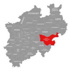 Hochsauerlandkreis county red highlighted in map of North Rhine Westphalia DE