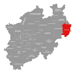 Fototapeta na wymiar Hoexter red highlighted in map of North Rhine Westphalia DE