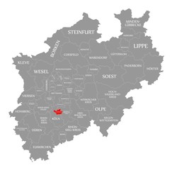 Fototapeta na wymiar Leverkusen red highlighted in map of North Rhine Westphalia DE