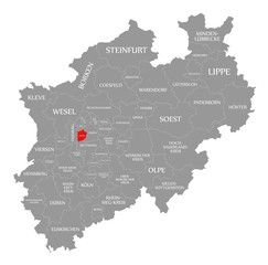 Fototapeta na wymiar Muelheim an der Ruhr red highlighted in map of North Rhine Westphalia DE