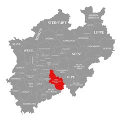 Oberbergischer Kreis red highlighted in map of North Rhine Westphalia DE