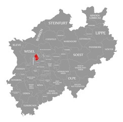 Fototapeta premium Oberhausen red highlighted in map of North Rhine Westphalia DE