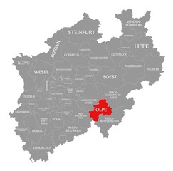 Fototapeta na wymiar Olpe county red highlighted in map of North Rhine Westphalia DE