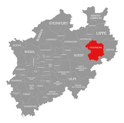Paderborn red highlighted in map of North Rhine Westphalia DE