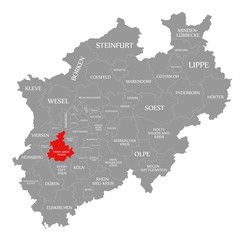 Obraz premium Rhein Kreis Neuss red highlighted in map of North Rhine Westphalia DE