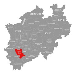 Fototapeta na wymiar Rhein Erft Kreis red highlighted in map of North Rhine Westphalia DE