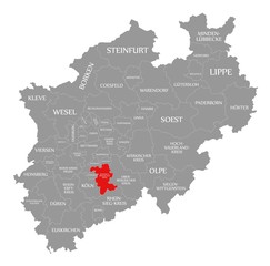 Fototapeta na wymiar Rheinisch Bergischer Kreis red highlighted in map of North Rhine Westphalia DE