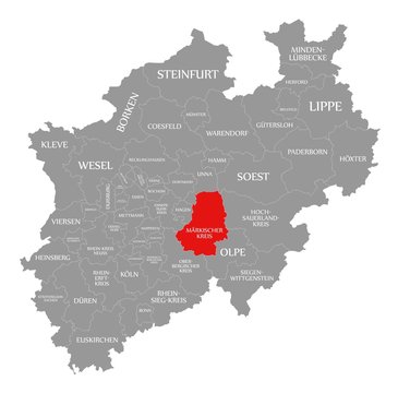 Maerkischer Kreis county red highlighted in map of North Rhine Westphalia DE