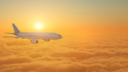 Fototapeta na wymiar Airplane flying above clouds during sunset - 3d Rendering