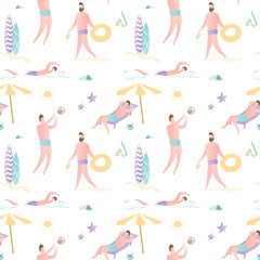 Summer time seamless pattern,texture with guys on beach