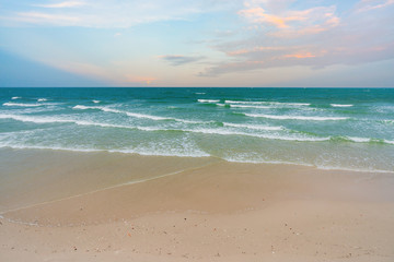 Beautiful Tropical Beach Hua Hin, Prachuap Khiri Khan Province, Thailand. blue ocean background Summer view Sunshine at Sand and Sea Asia Beach Destinations 