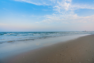 Beautiful Tropical Beach Hua Hin, Prachuap Khiri Khan Province, Thailand. blue ocean background Summer view Sunshine at Sand and Sea Asia Beach Destinations 