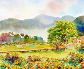 Tuinposter Schilderij aquarel landschap illustratie. © Painterstock
