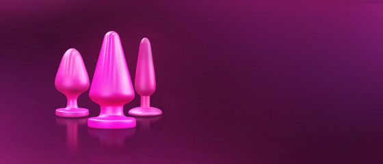 Different bdsm toys - dildo, prostate massager, vibrator, anal plug and others on a pink background. There is an empty space for your text. 3D illustration.