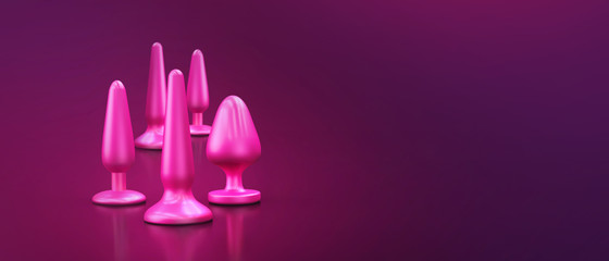 a collection of different types of sextoys, including dildo, vibrators and butt plugs over a dark wooden surface 3d illustration