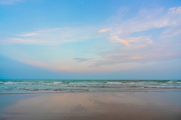 Beautiful Tropical Beach Hua Hin, Prachuap Khiri Khan Province, Thailand. blue ocean background Summer view Sunshine at Sand and Sea Asia Beach Destinations 