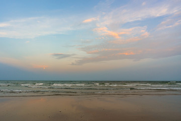 Beautiful Tropical Beach Hua Hin, Prachuap Khiri Khan Province, Thailand. blue ocean background Summer view Sunshine at Sand and Sea Asia Beach Destinations 