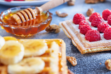 breakfast food honey banana pancake fruit fresh homemade raspberry