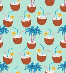 coconut palm drink tropical seamless vector pattern