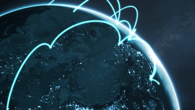 3d animation of a growing network across a realistic earth. Abstract global business network concept. Blue night version. Elements of this image furnished by NASA