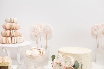 Delicious sweet buffet with cupcakes. Candy Bar.