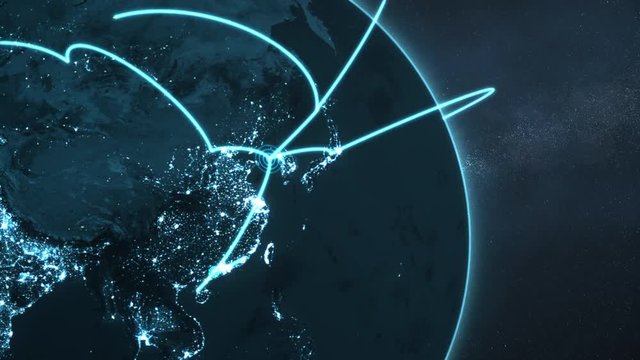 3d animation of a growing network across a realistic earth. Seamless loop. Abstract global business network concept. Blue closeup night version. Elements of this image furnished by NASA