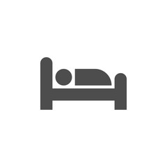 Hotel or hostel room simple glyph vector symbol. Motel, lodging stylized sign. Man in bed black flat icon.